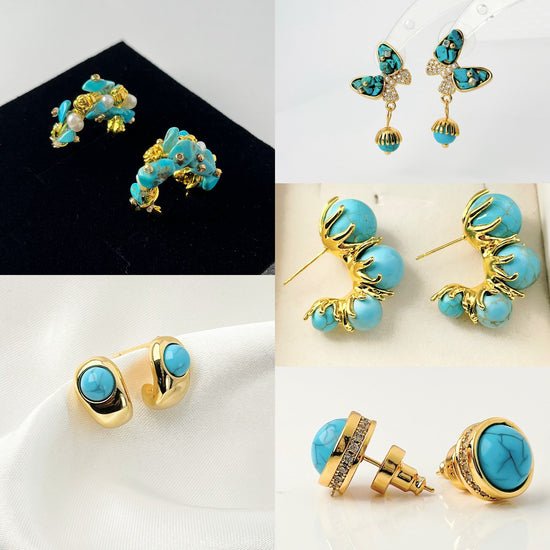 Natural Blue Turquoise Zircon Stud Earrings for Women – Retro Mid-Century Style