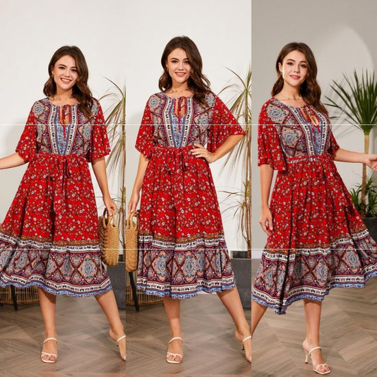 “Plus Size Women’s Summer V-Neck Print Beach Dress – Casual Flowy Vacation Dress”