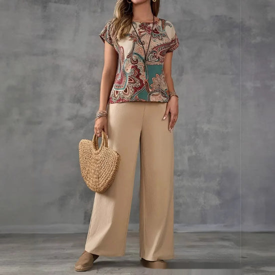 “Women’s Casual Printed Shirt with Wide-Leg Trousers – Stylish Two-Piece Summer Outfit”