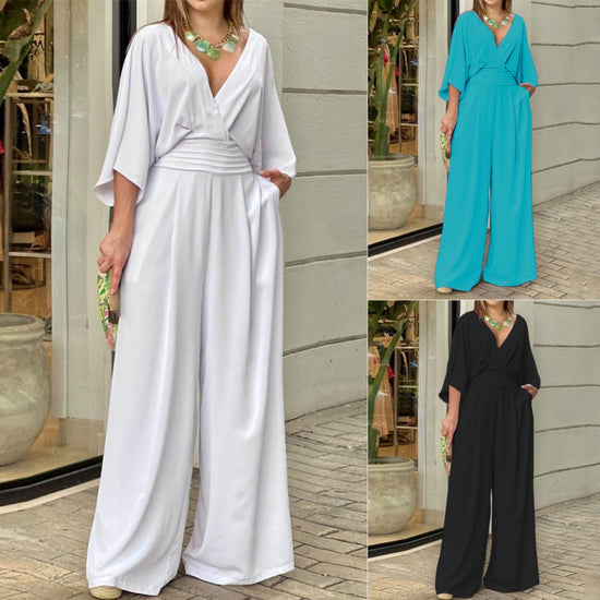 “Women’s V-Neck Short Sleeve Solid Color Jumpsuit – Summer Casual Streetwear”