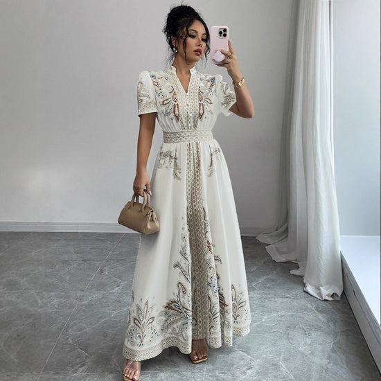Women’s Boho Paisley Long Dress – Stand Collar, Lace Accents, Flowing Silhouette