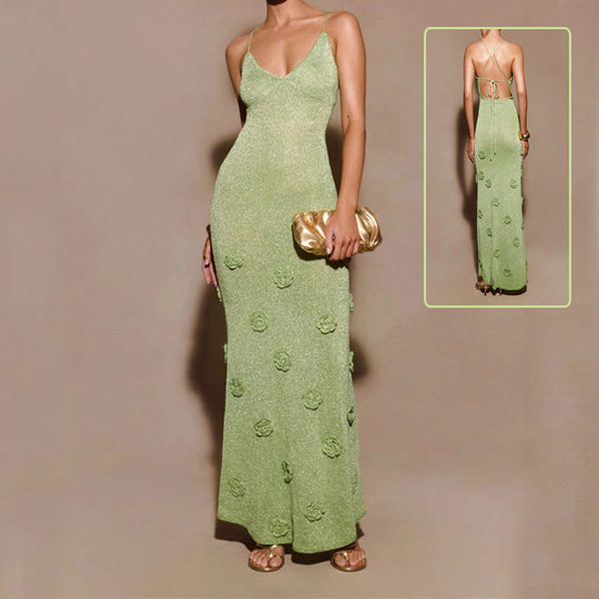 “Women’s Handcrafted Crochet Glitter Suspender Dress with Knitted Flowers”