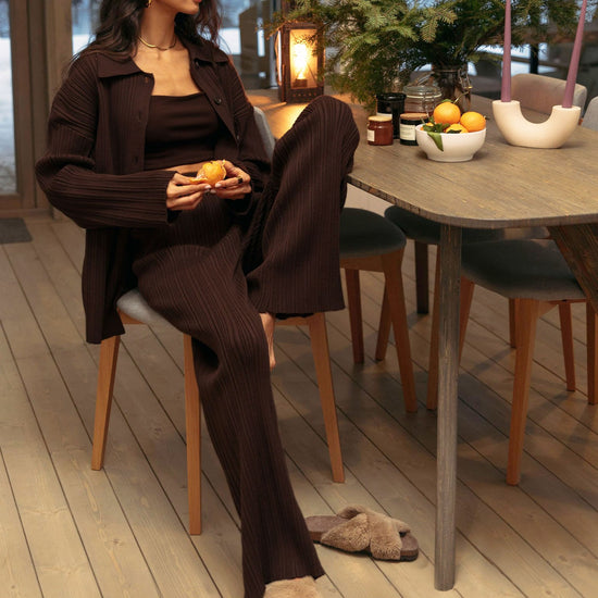 Casual Chic Bedford Cord Knit Cardigan with Straight Pants Suit
