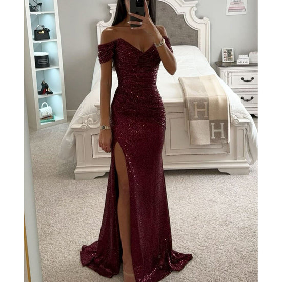 Women’s Glam Sequin Off-Shoulder Split Dress – Charming Slimming Party & Evening Dress