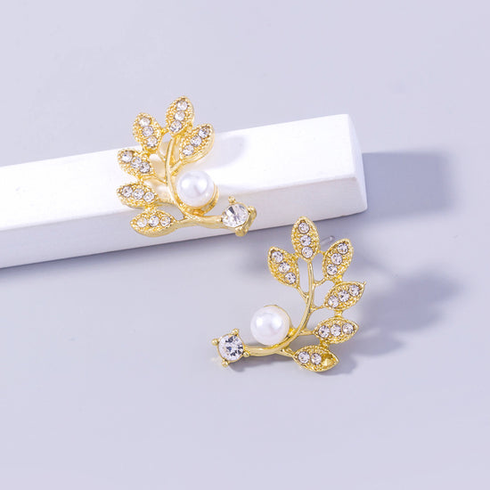 Luxury Leaf Branch Earrings for Women | Gold Pearl & Diamond Design